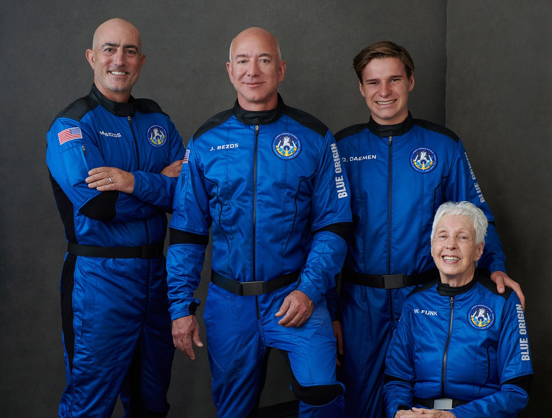 The passengers of Blue Origin NS-16, the first passenger flight of Jeff Bezos’ New Shepard Rocket. (Jeff Bezos, Mark Bezos, Wally Funk, Oliver Daemen) - photo: BlueOrigins / Twitter, as found in Marx (2021)